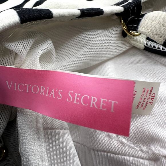 Victoria's Secret Tankini Swimsuit Stripe Padded Spaghetti Strap Black White 34D - Picture 3 of 6